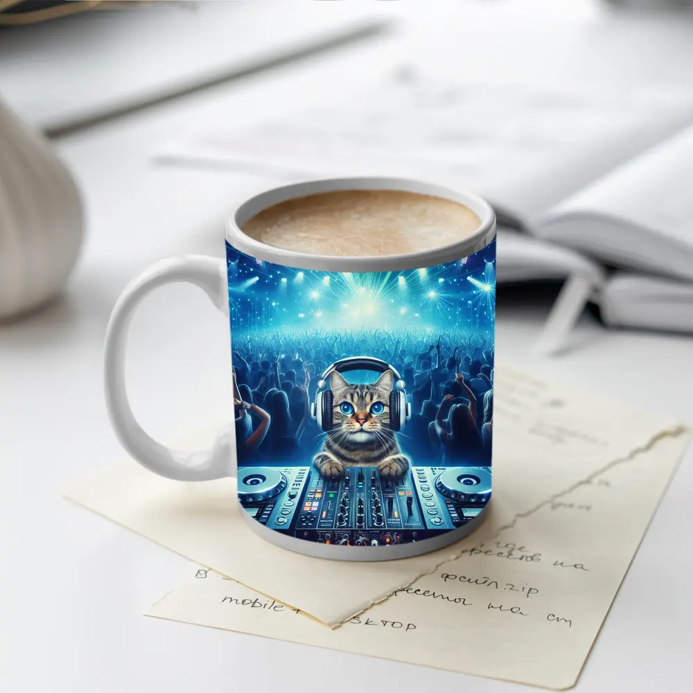 Tabby Cat DJ Mixing Neon Concert Crowd – Mugs