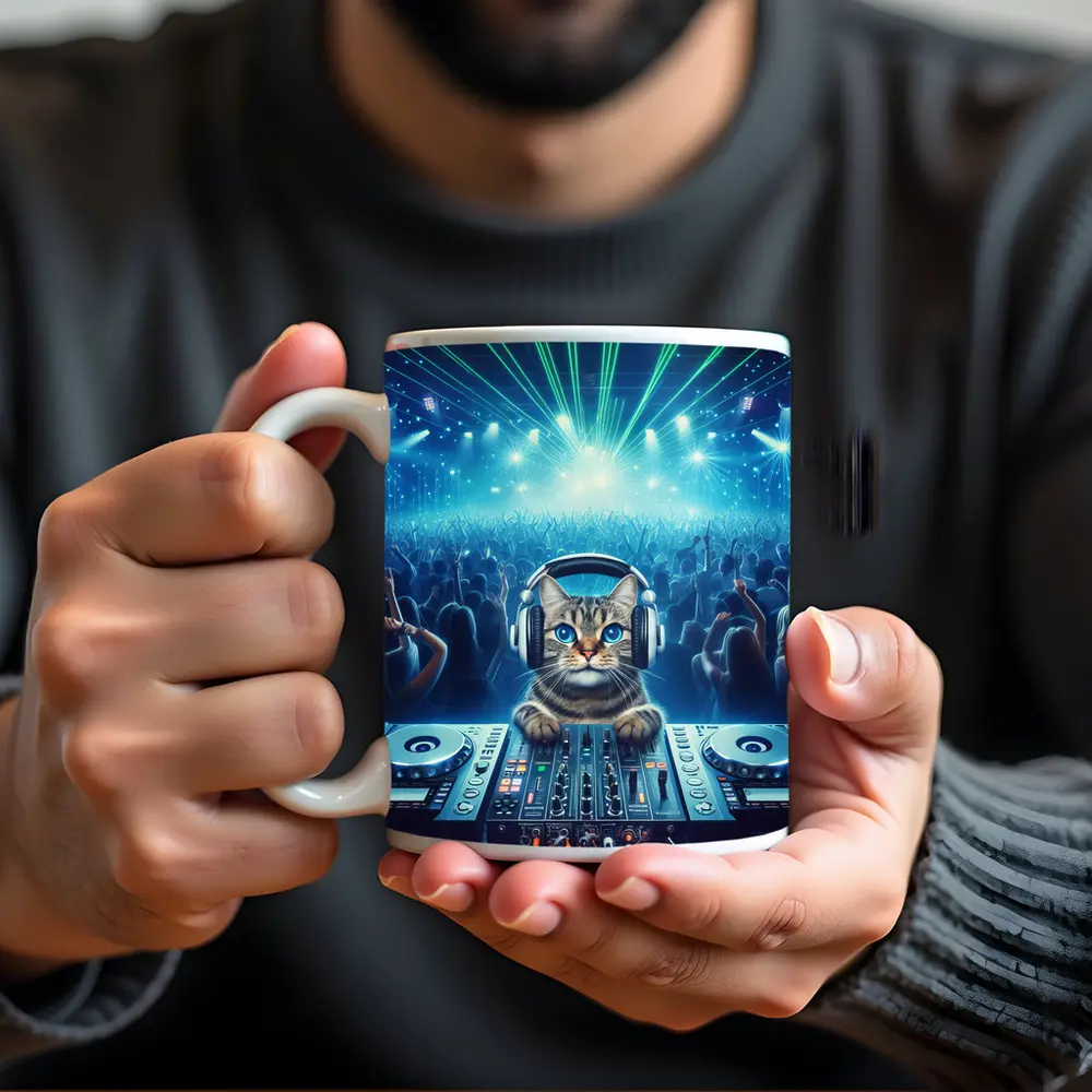 Tabby Cat DJ Mixing Neon Concert Crowd – Mugs
