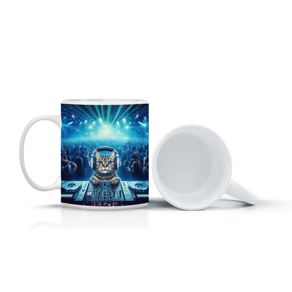 Tabby Cat DJ Mixing Neon Concert Crowd – Mugs