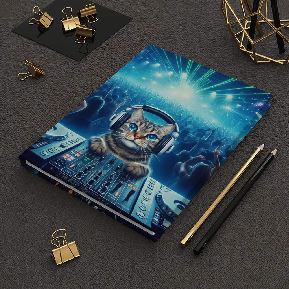 Tabby Cat DJ Mixing Neon Concert Crowd – Notebooks