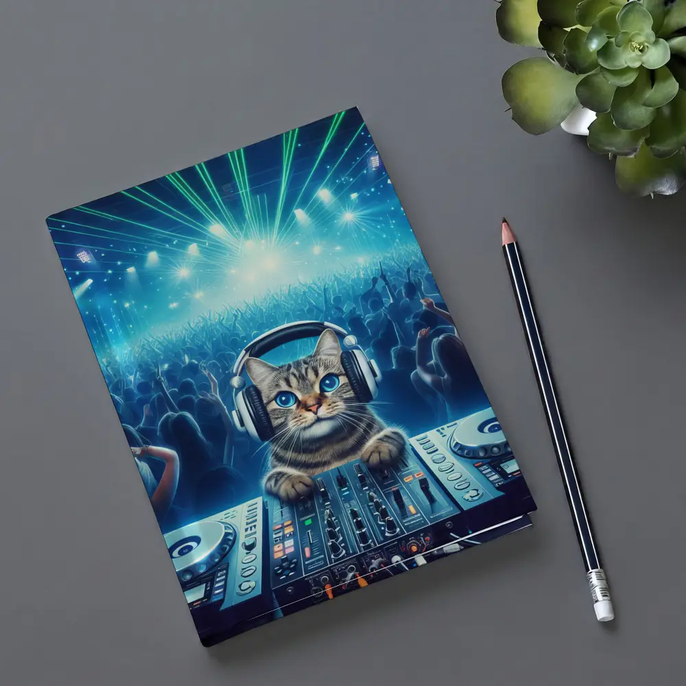 Tabby Cat DJ Mixing Neon Concert Crowd – Notebooks