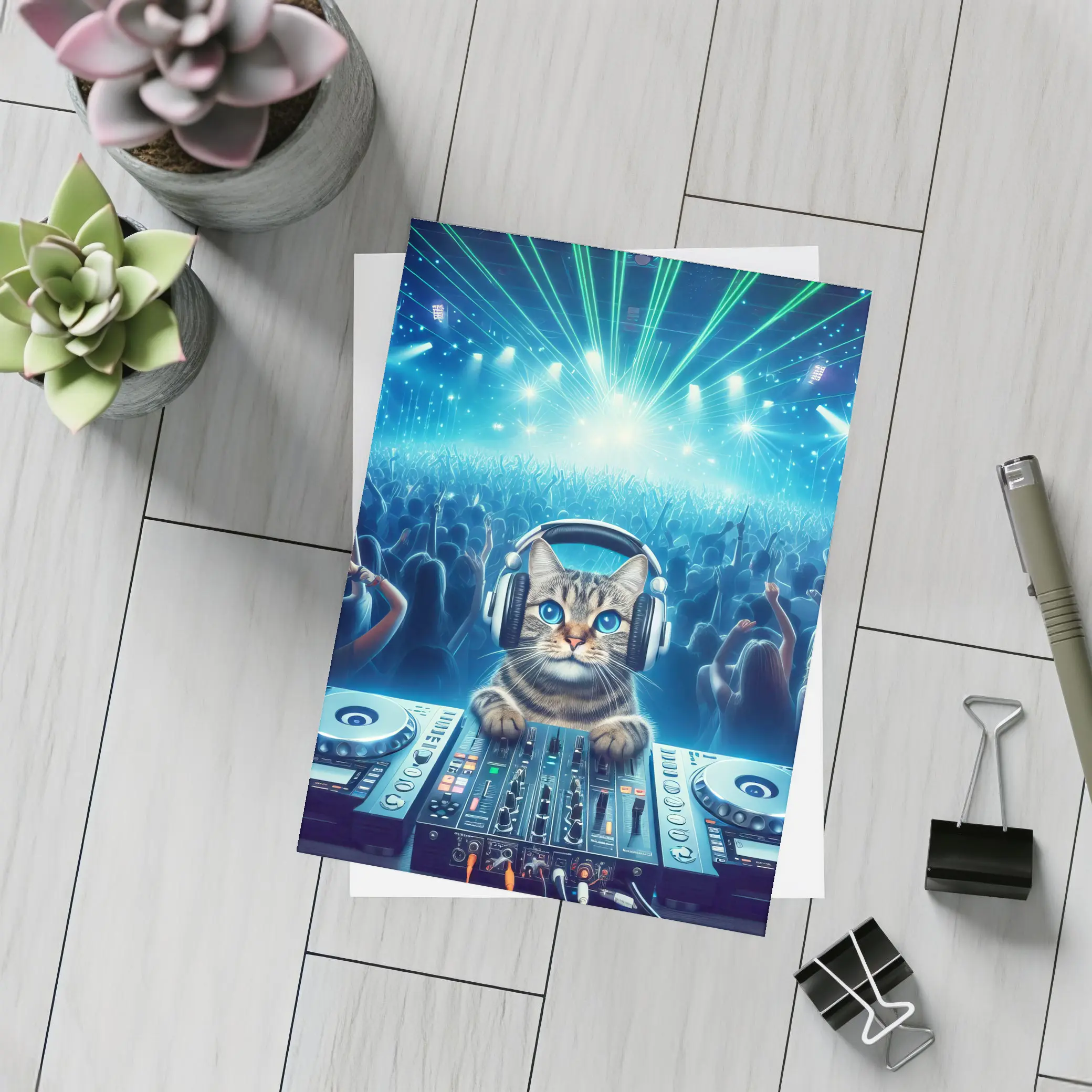 Tabby Cat DJ Mixing Neon Concert Crowd – Postcards