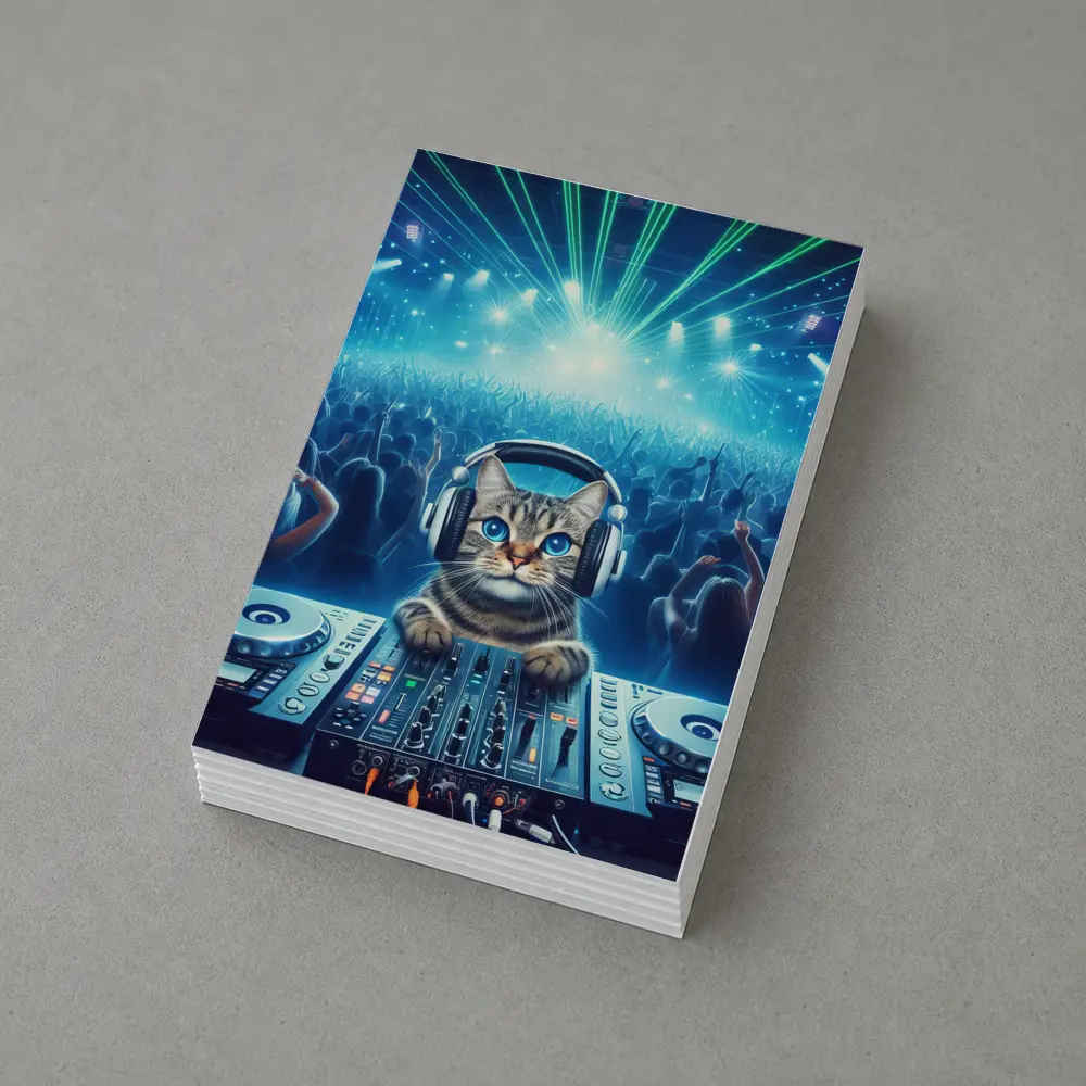 Tabby Cat DJ Mixing Neon Concert Crowd – Postcards