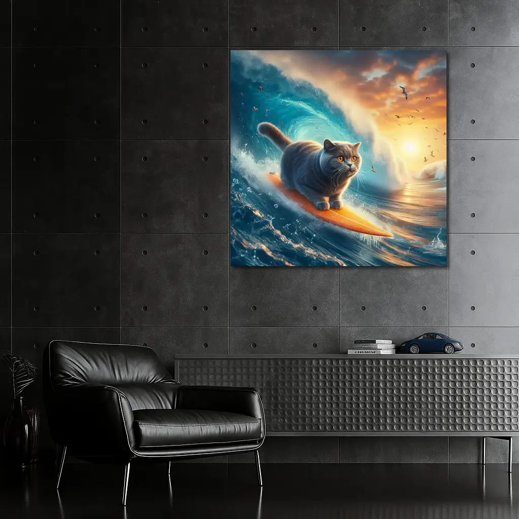 British Shorthair Cat Surfing Ocean Waves Sunset – Wall Art