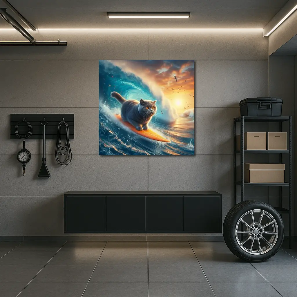 British Shorthair Cat Surfing Ocean Waves Sunset – Wall Art