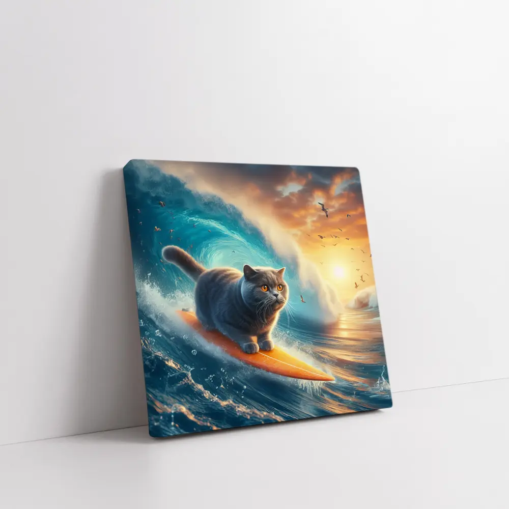 British Shorthair Cat Surfing Ocean Waves Sunset – Wall Art