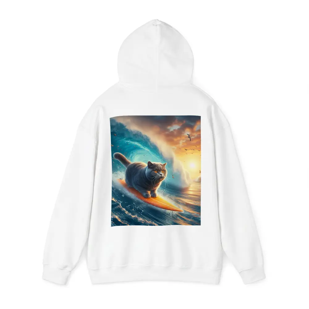 British Shorthair Cat Surfing Ocean Waves Sunset – Hoodies