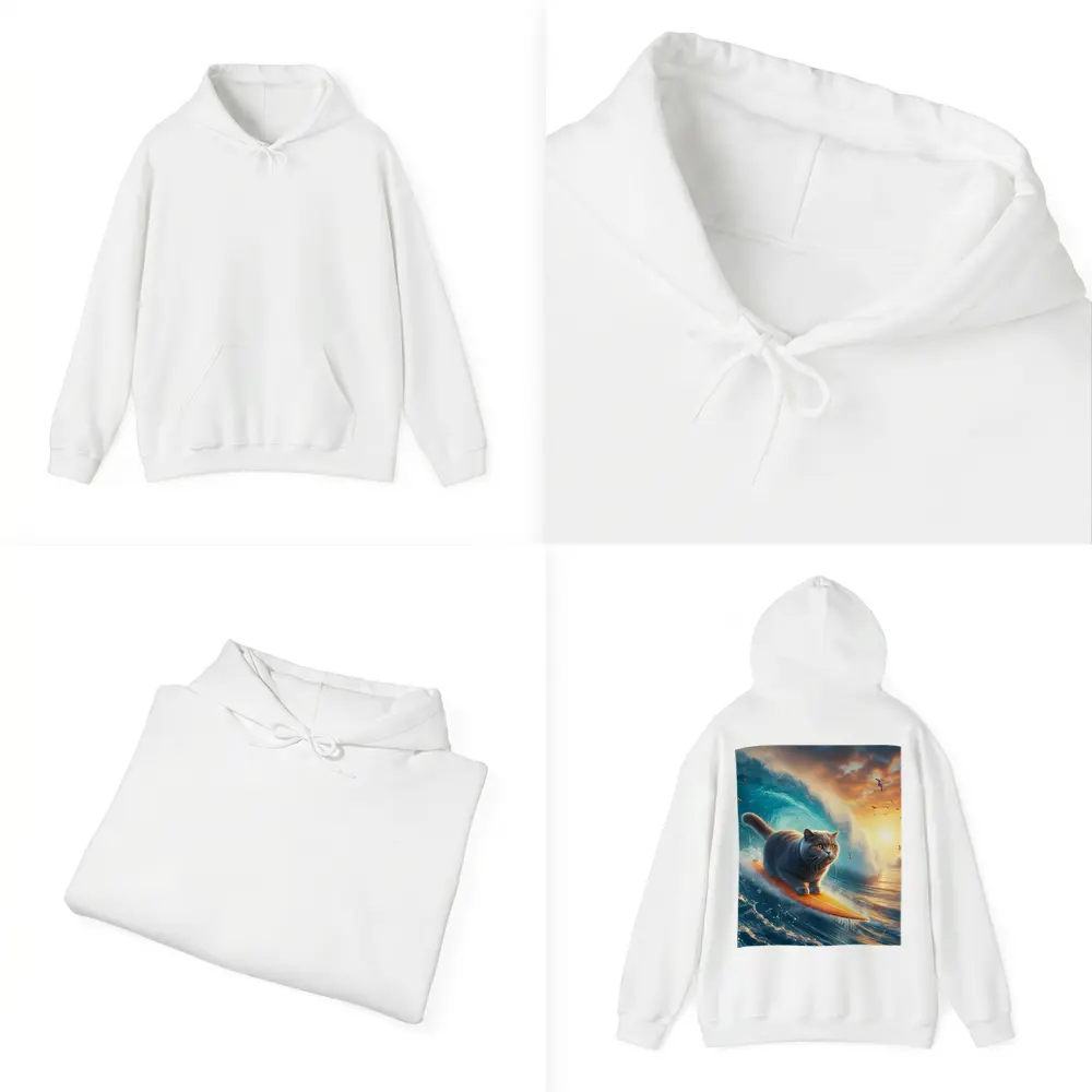 British Shorthair Cat Surfing Ocean Waves Sunset – Hoodies