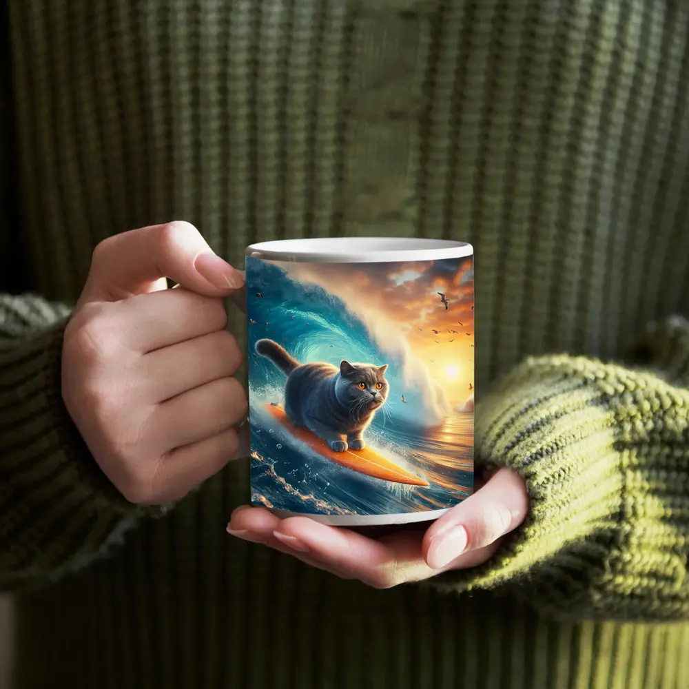 British Shorthair Cat Surfing Ocean Waves Sunset – Mugs