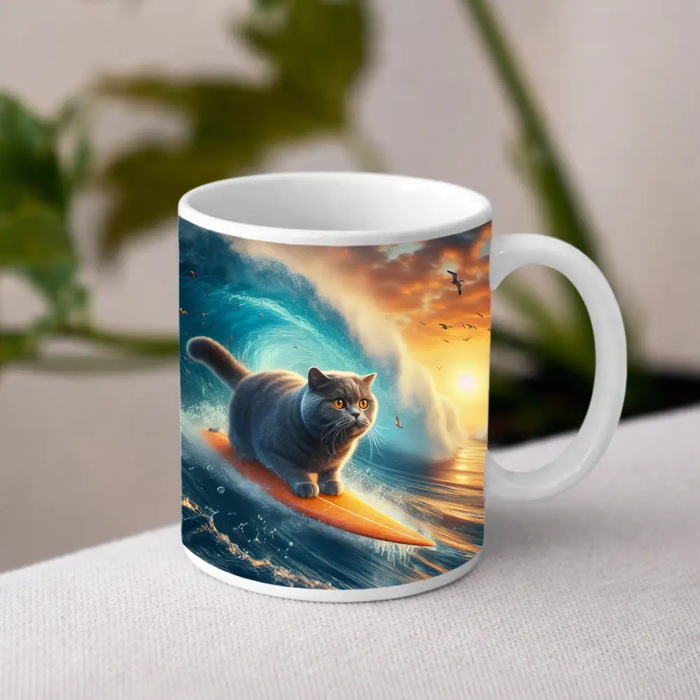 British Shorthair Cat Surfing Ocean Waves Sunset – Mugs