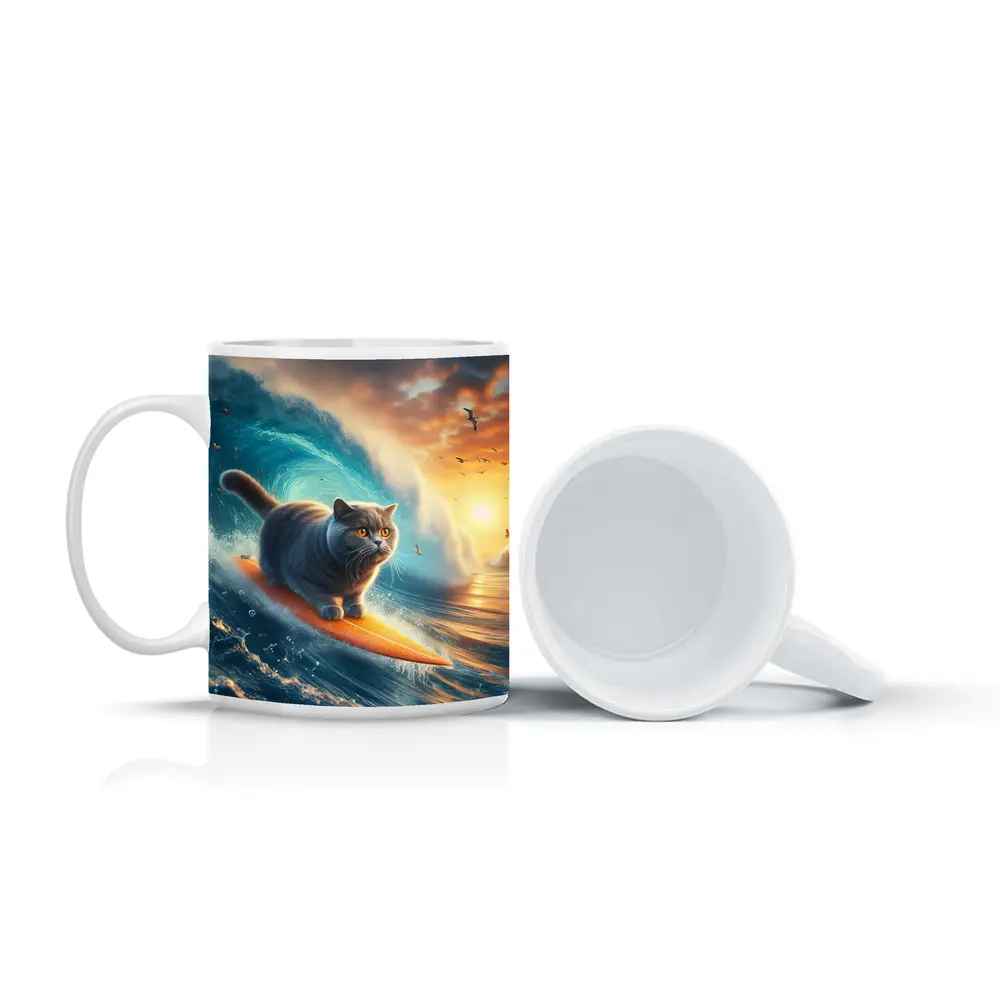 British Shorthair Cat Surfing Ocean Waves Sunset – Mugs