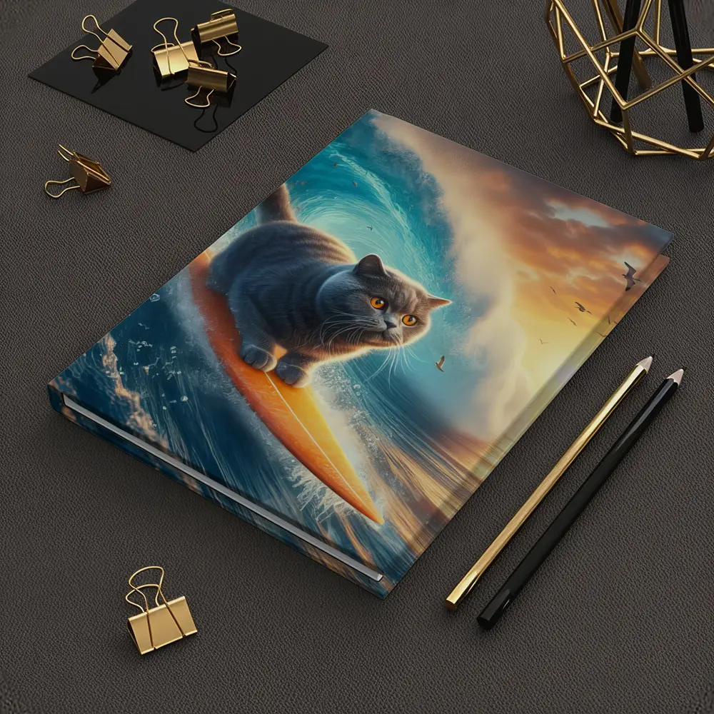 British Shorthair Cat Surfing Ocean Waves Sunset – Notebooks