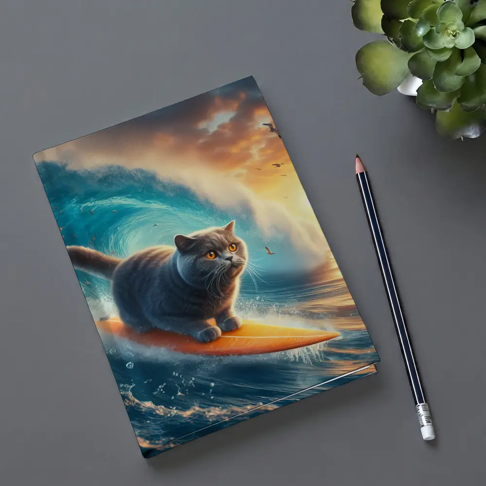 British Shorthair Cat Surfing Ocean Waves Sunset – Notebooks