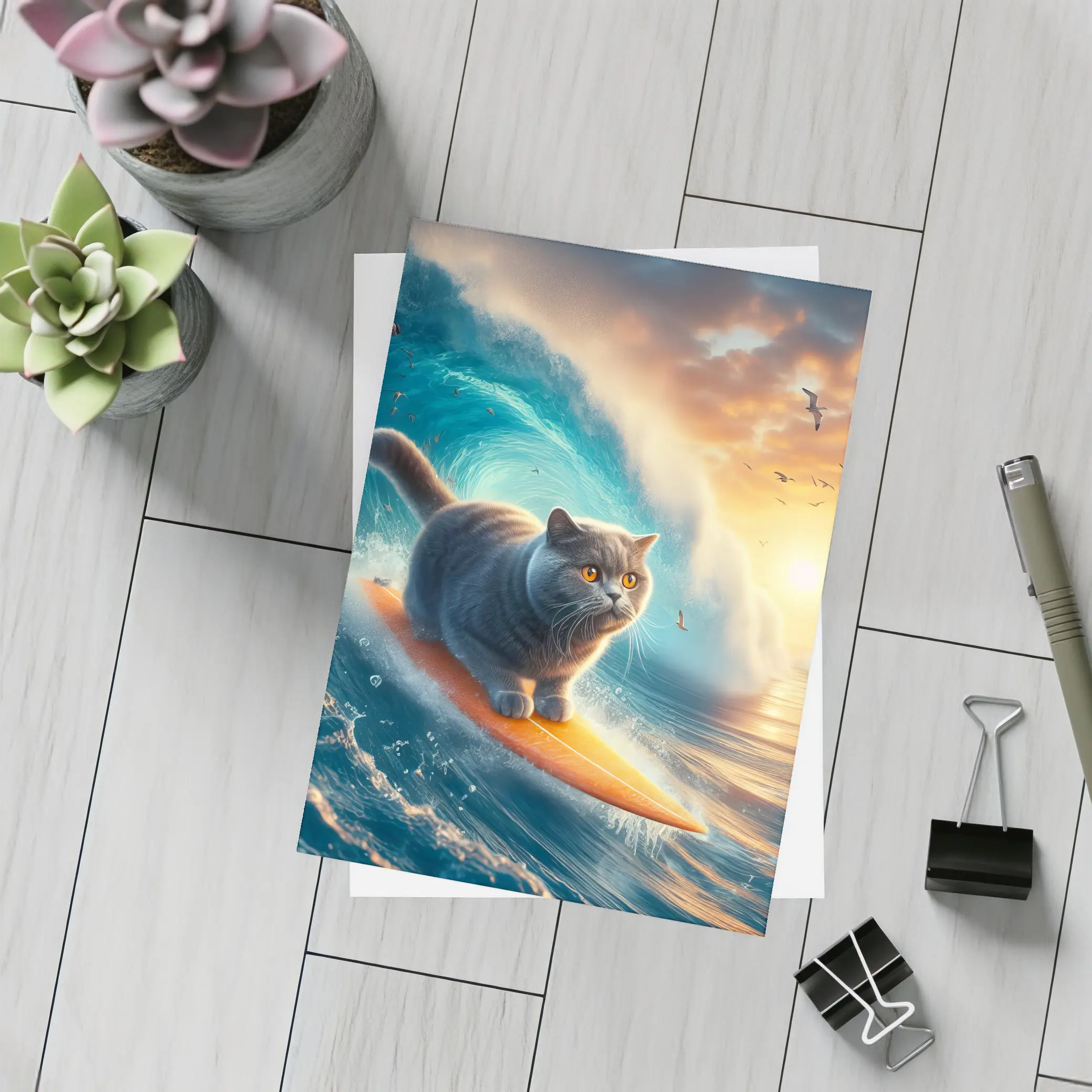 British Shorthair Cat Surfing Ocean Waves Sunset – Postcards