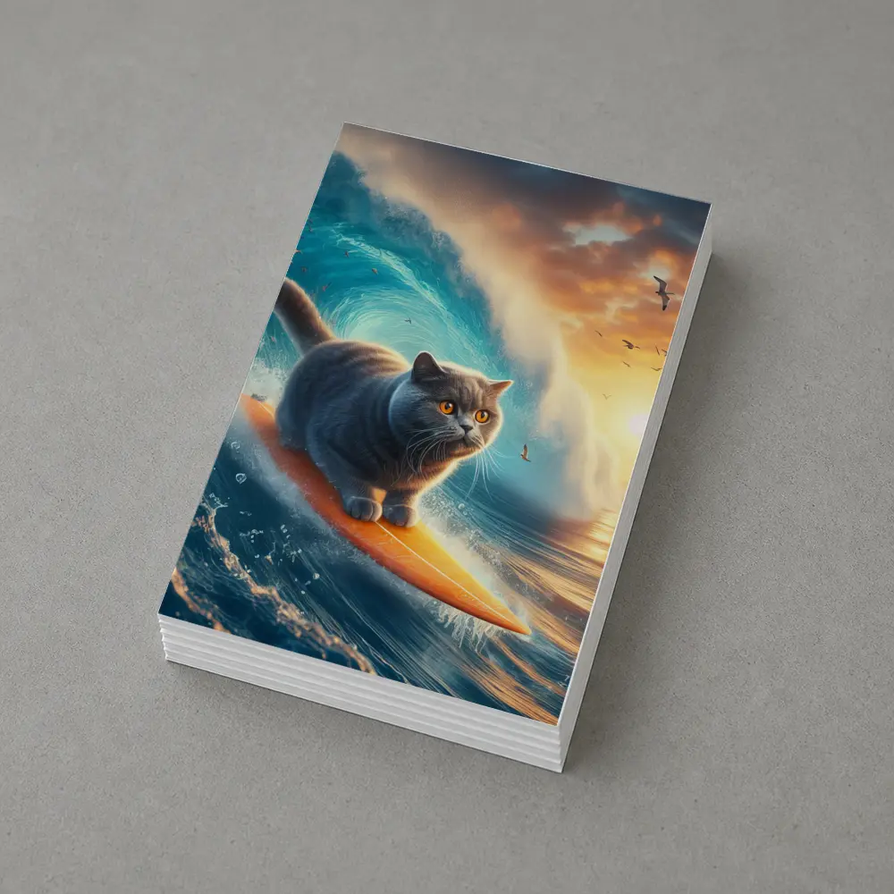 British Shorthair Cat Surfing Ocean Waves Sunset – Postcards