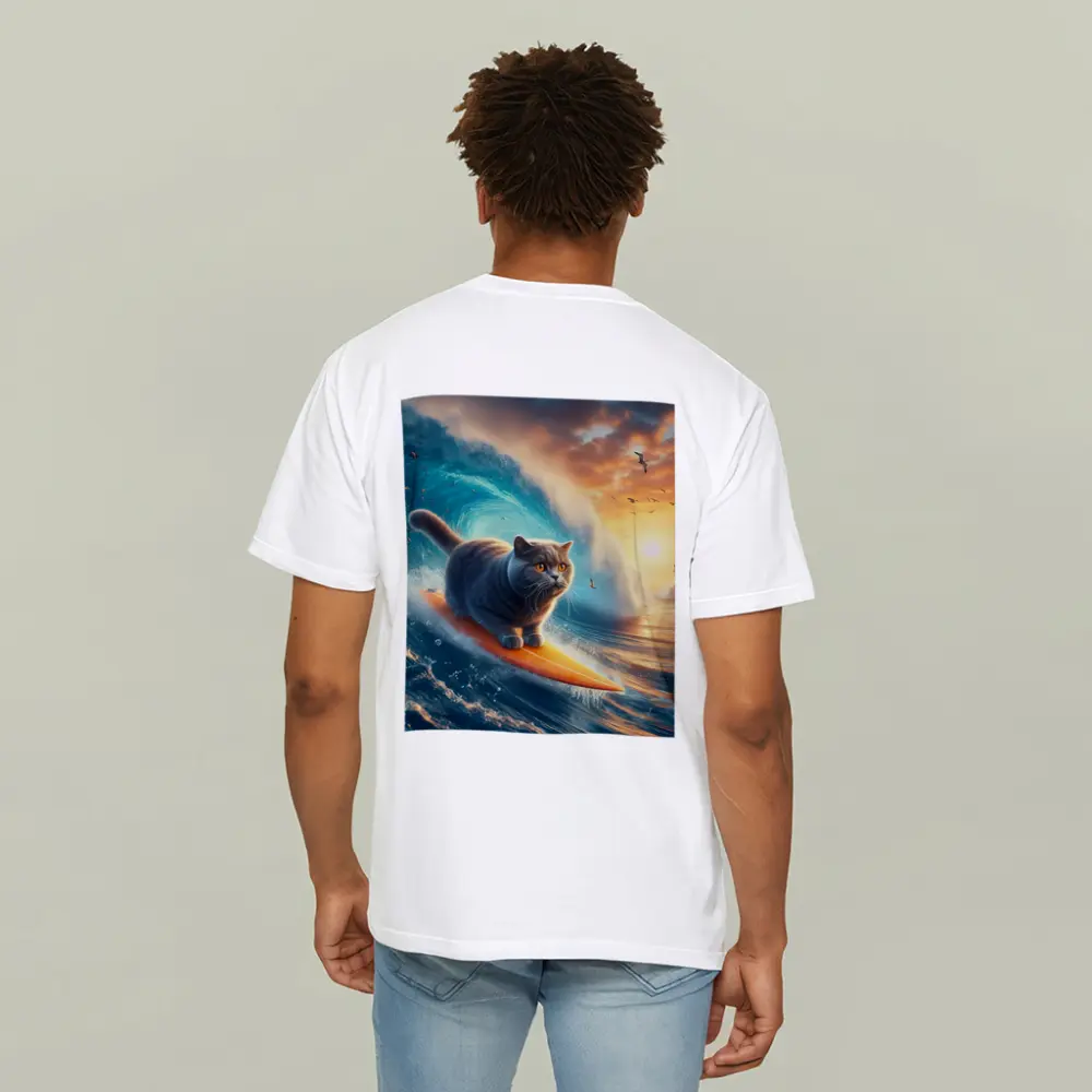British Shorthair Cat Surfing Ocean Waves Sunset – T-Shirts
