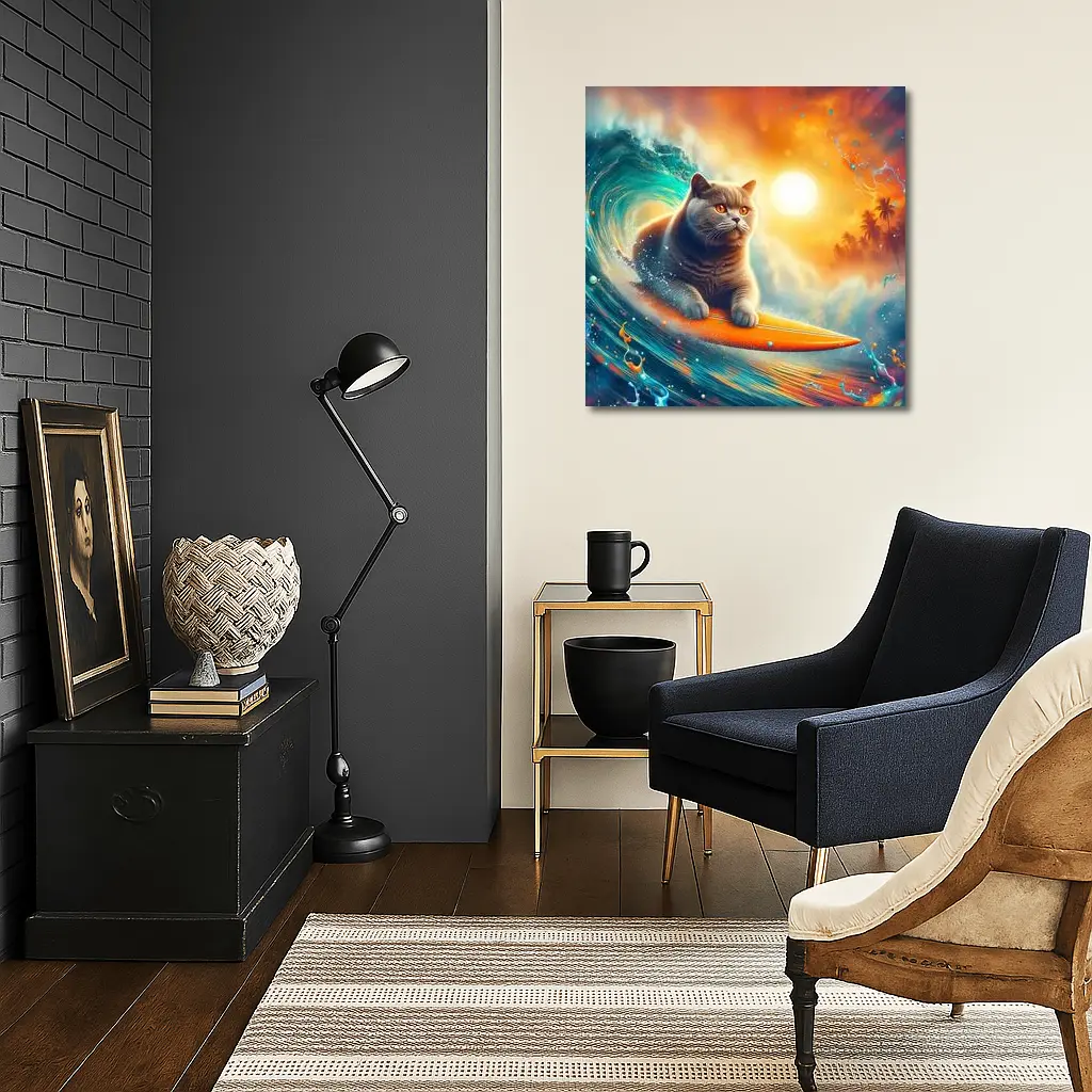 British Shorthair Cat Surfing Ocean Wave – Wall Art