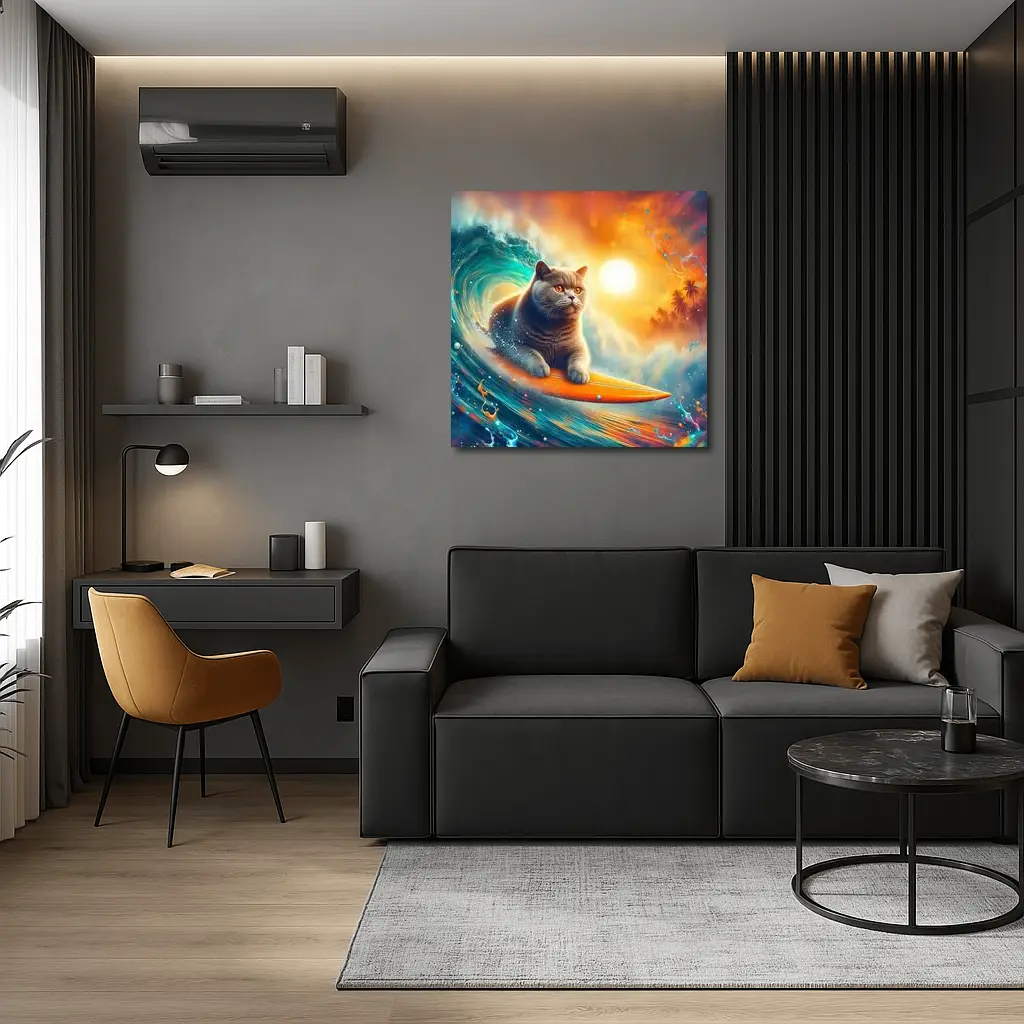 British Shorthair Cat Surfing Ocean Wave – Wall Art