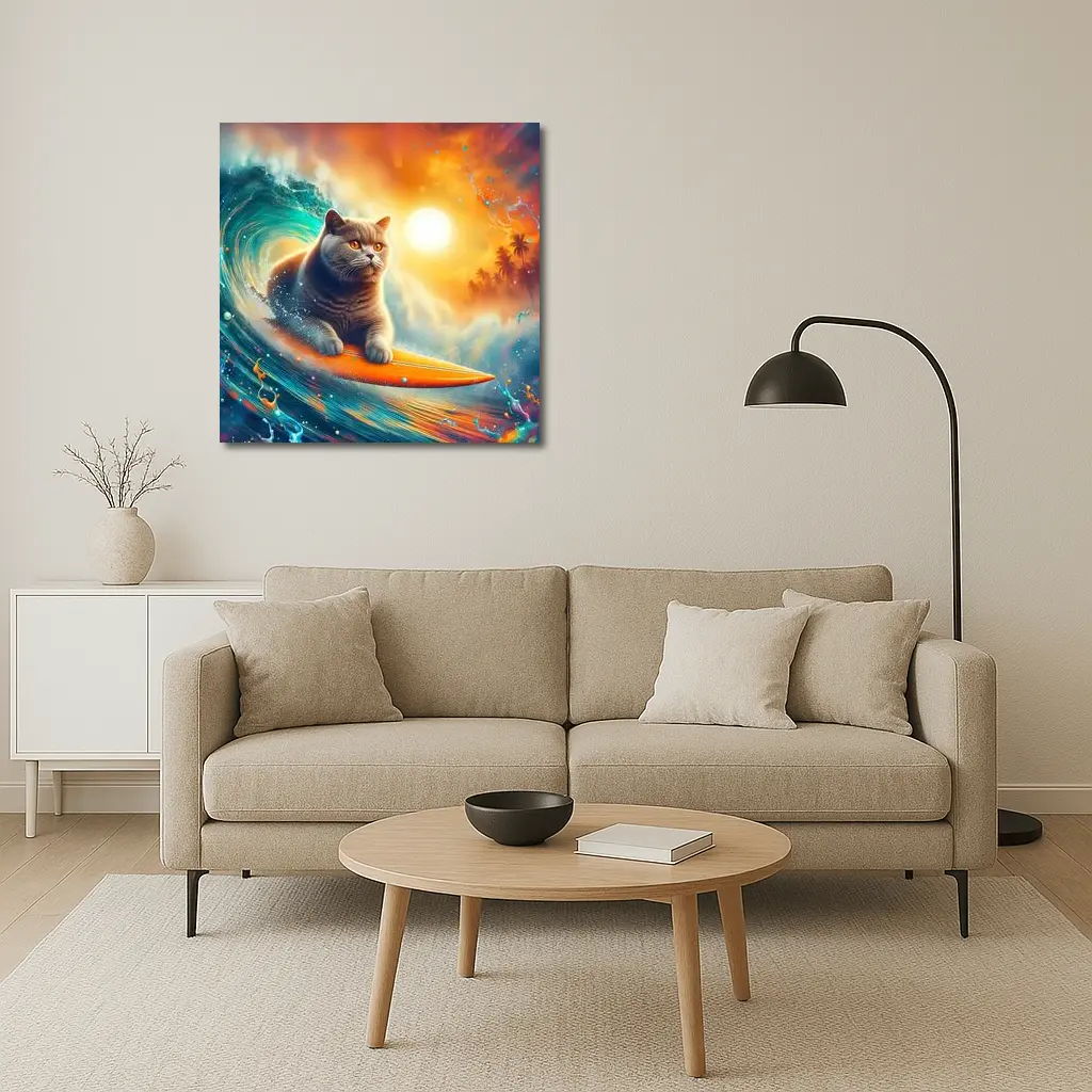 British Shorthair Cat Surfing Ocean Wave – Wall Art