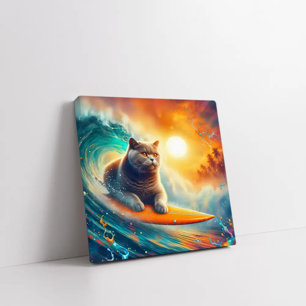 British Shorthair Cat Surfing Ocean Wave – Wall Art