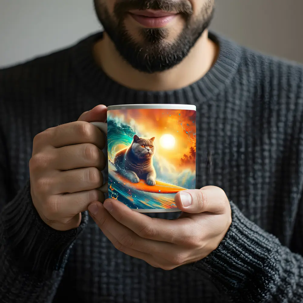 British Shorthair Cat Surfing Ocean Wave – Mugs