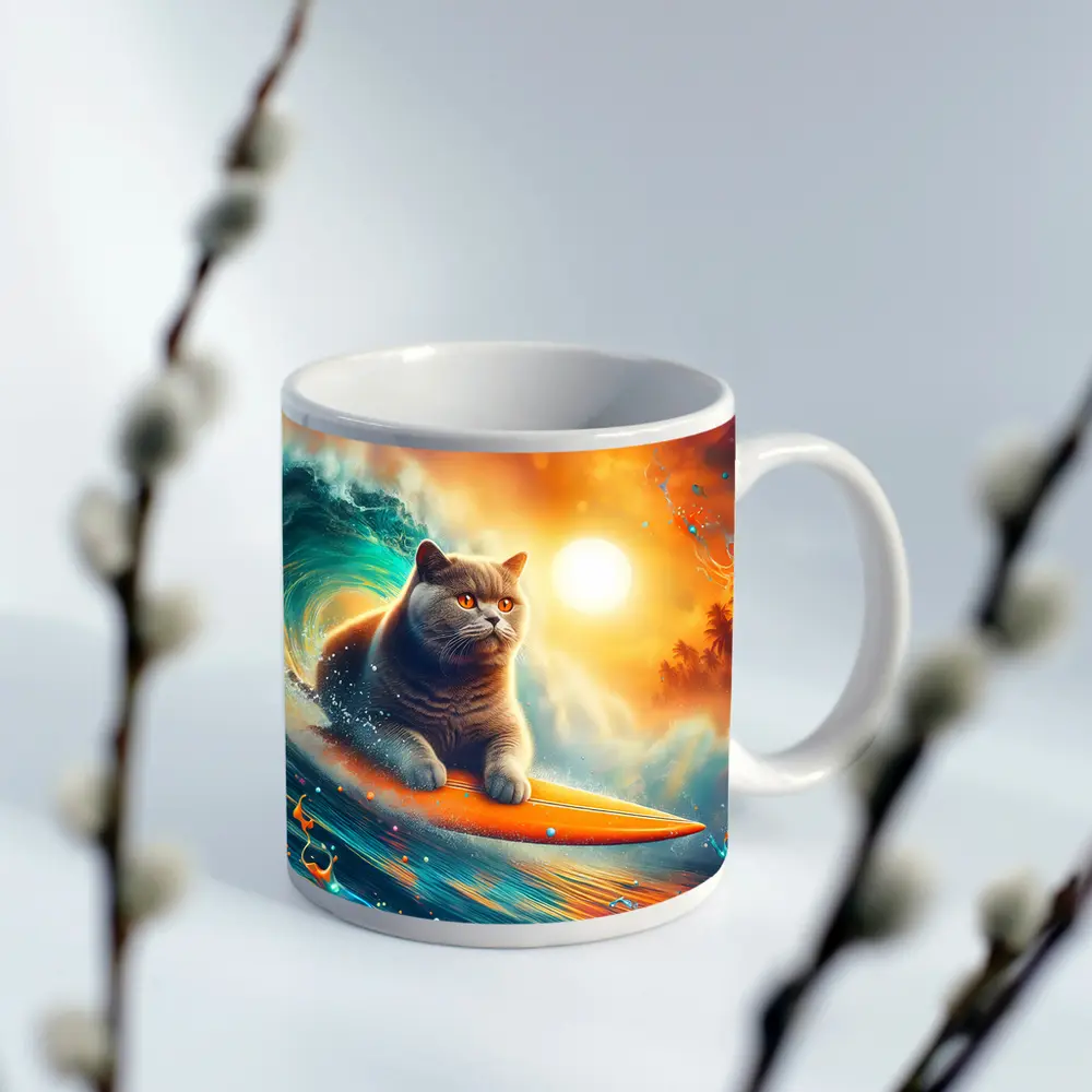 British Shorthair Cat Surfing Ocean Wave – Mugs