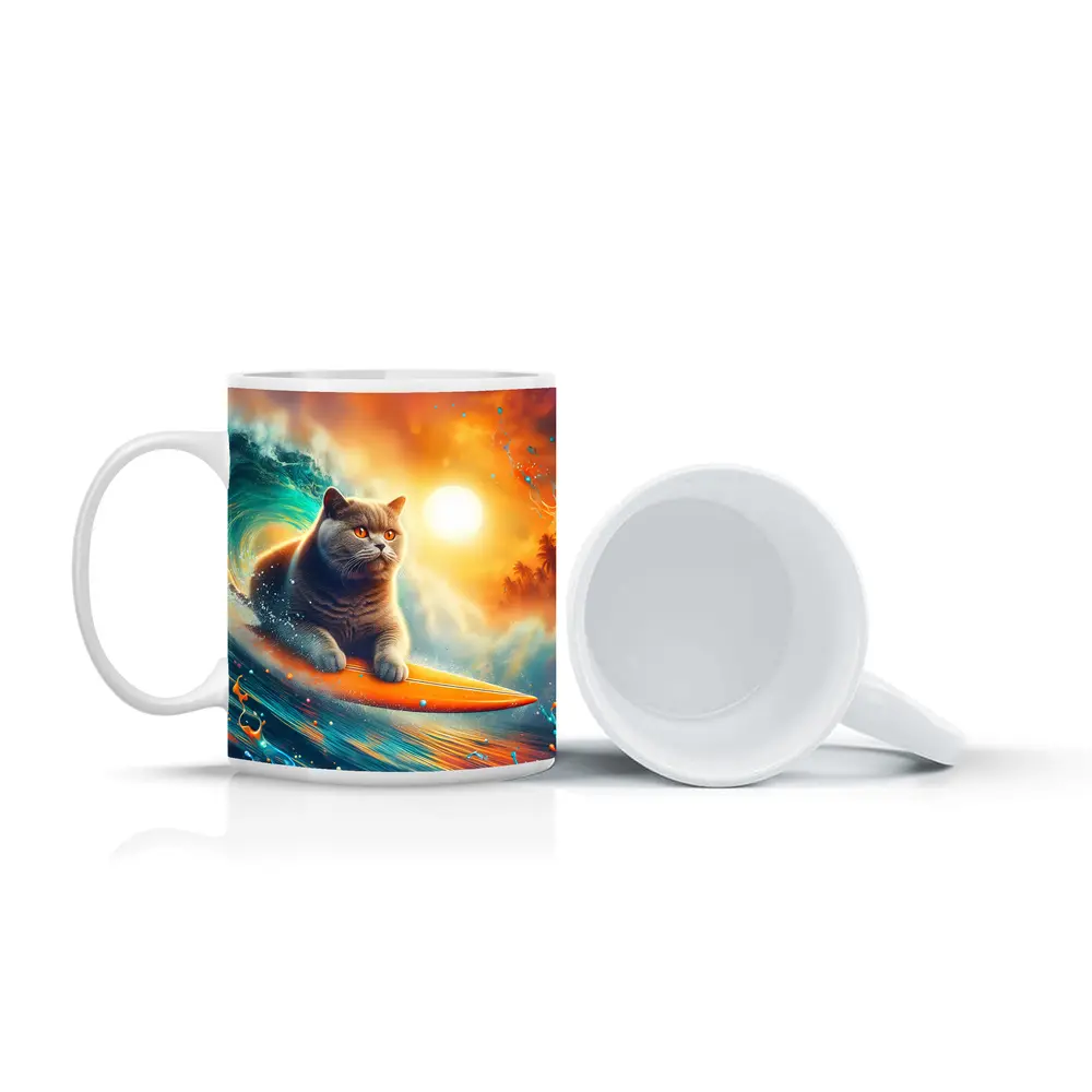 British Shorthair Cat Surfing Ocean Wave – Mugs