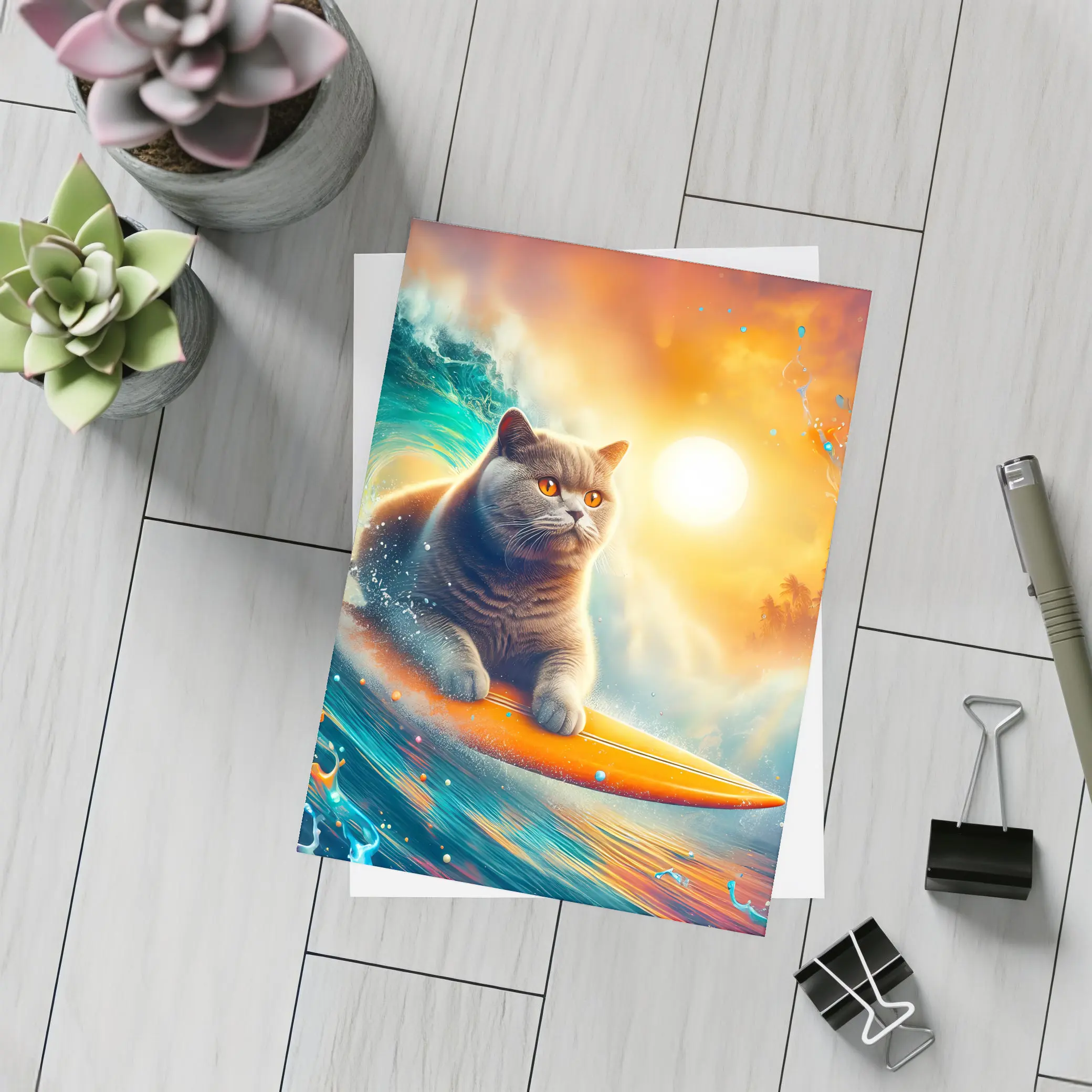 British Shorthair Cat Surfing Ocean Wave – Postcards