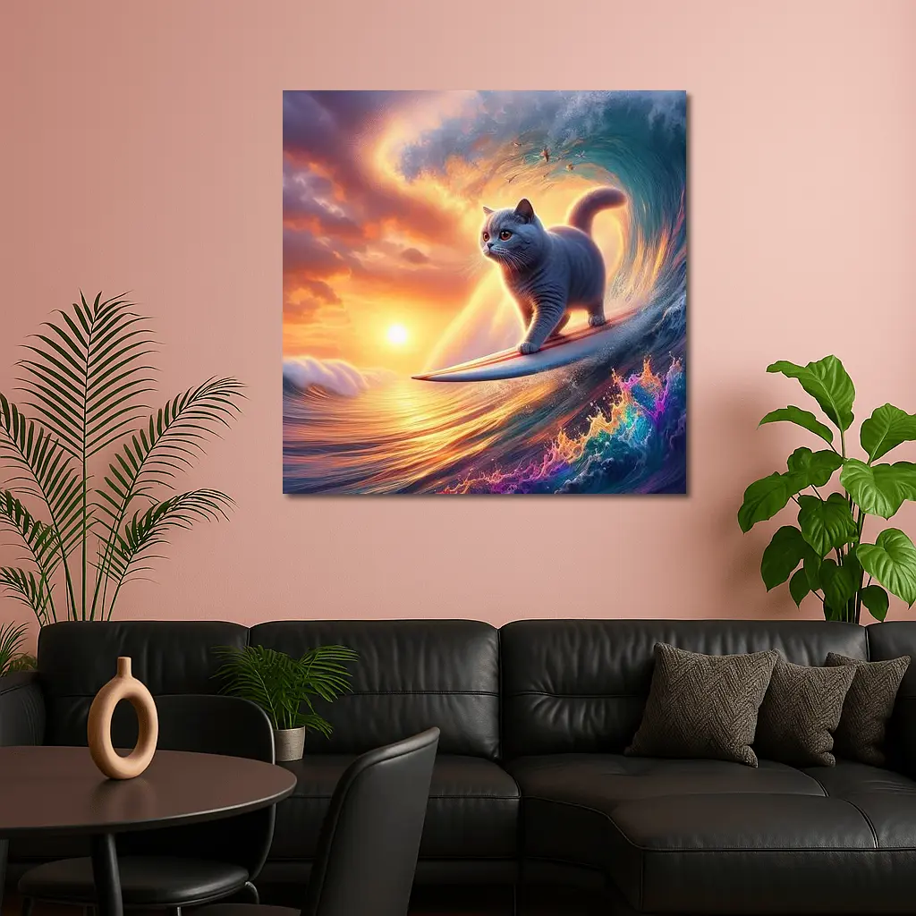 Gray Cat Surfing Ocean Wave Sunset – Wall Art