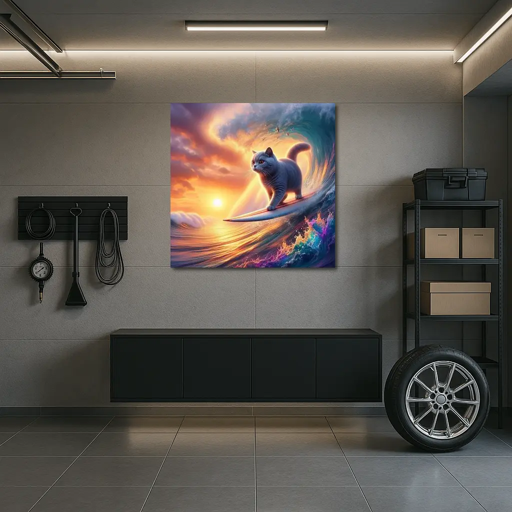 Gray Cat Surfing Ocean Wave Sunset – Wall Art
