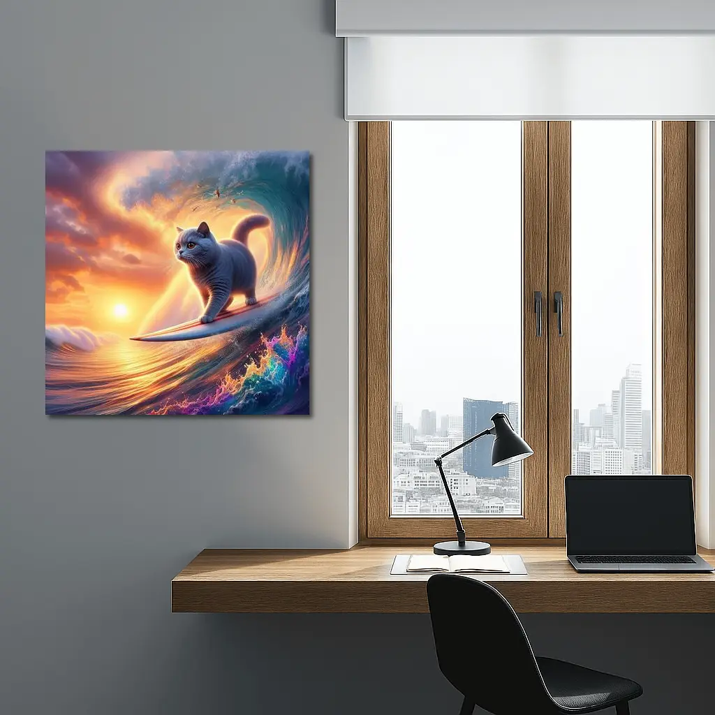 Gray Cat Surfing Ocean Wave Sunset – Wall Art