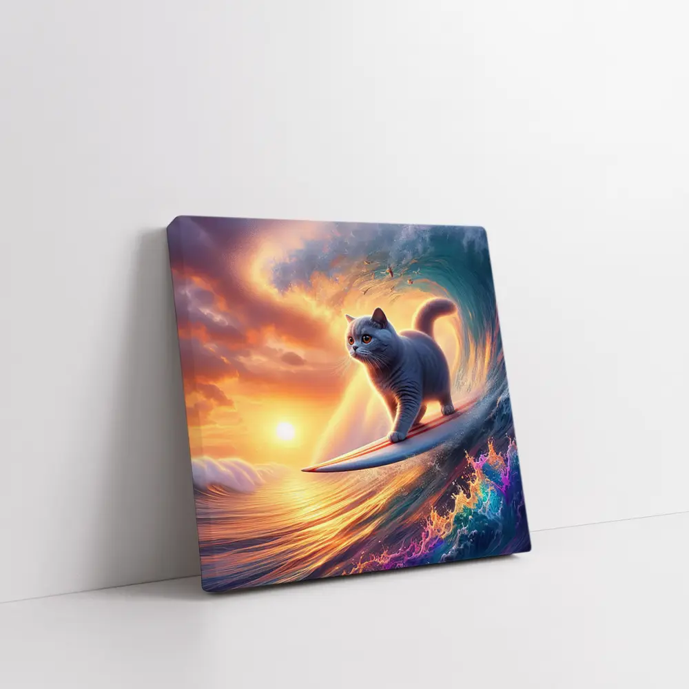 Gray Cat Surfing Ocean Wave Sunset – Wall Art