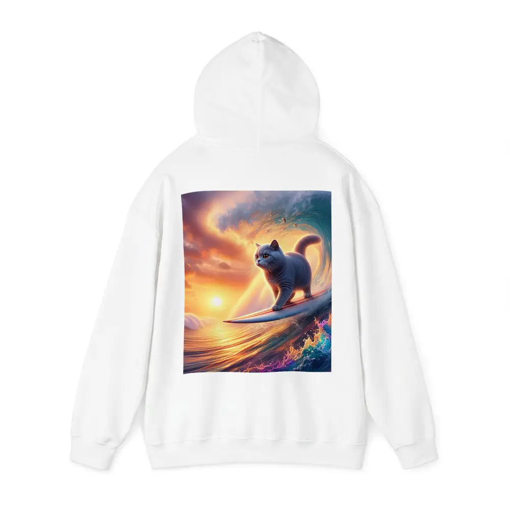 Gray Cat Surfing Ocean Wave Sunset – Hoodies