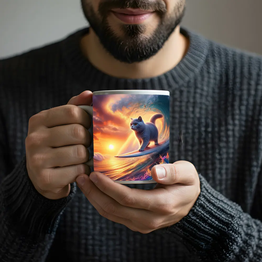 Gray Cat Surfing Ocean Wave Sunset – Mugs