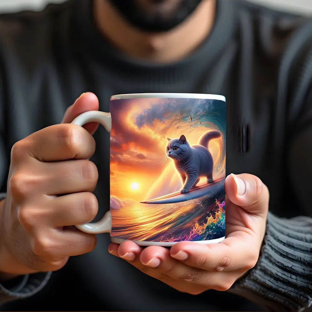 Gray Cat Surfing Ocean Wave Sunset – Mugs