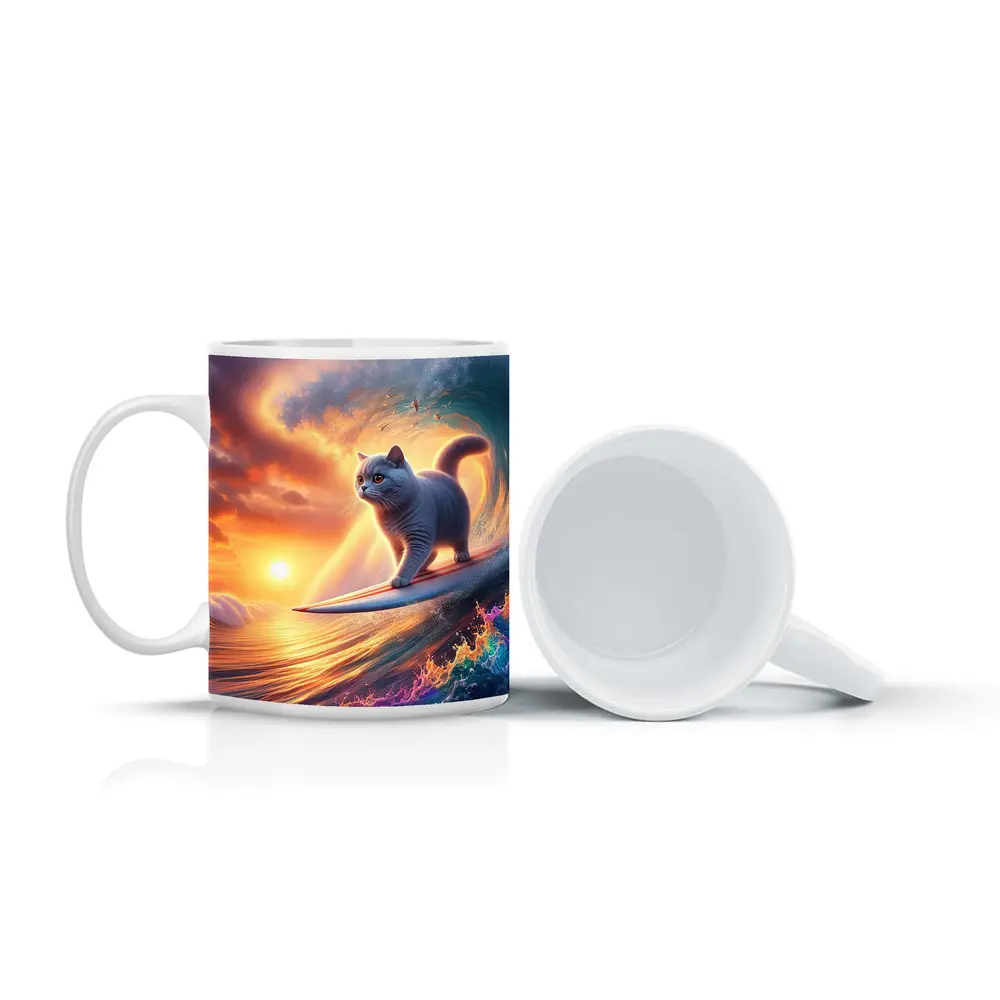 Gray Cat Surfing Ocean Wave Sunset – Mugs