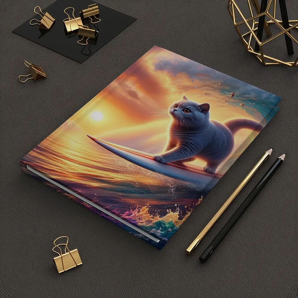 Gray Cat Surfing Ocean Wave Sunset – Notebooks