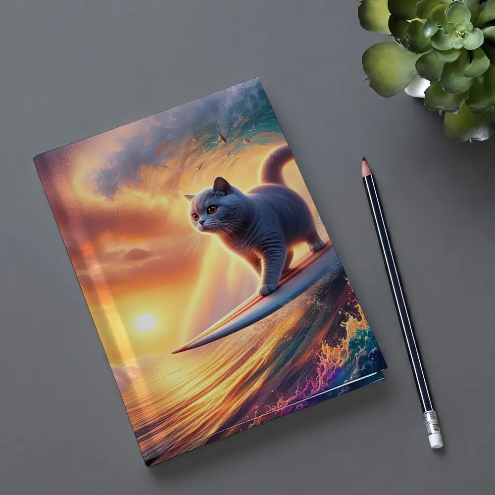 Gray Cat Surfing Ocean Wave Sunset – Notebooks