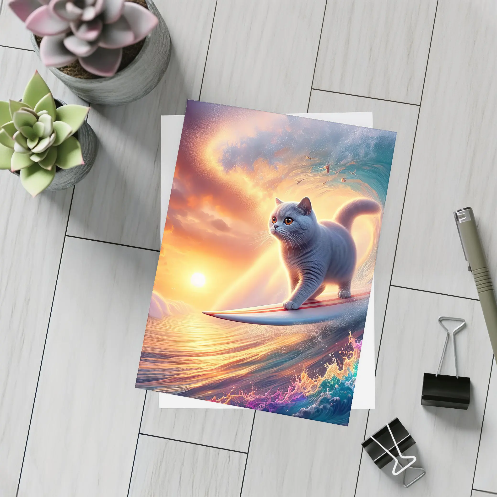 Gray Cat Surfing Ocean Wave Sunset – Postcards