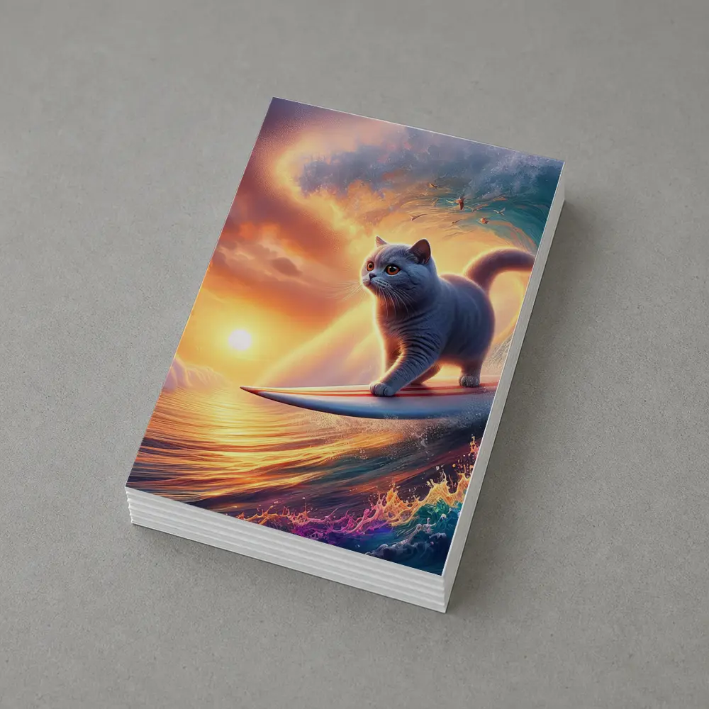 Gray Cat Surfing Ocean Wave Sunset – Postcards