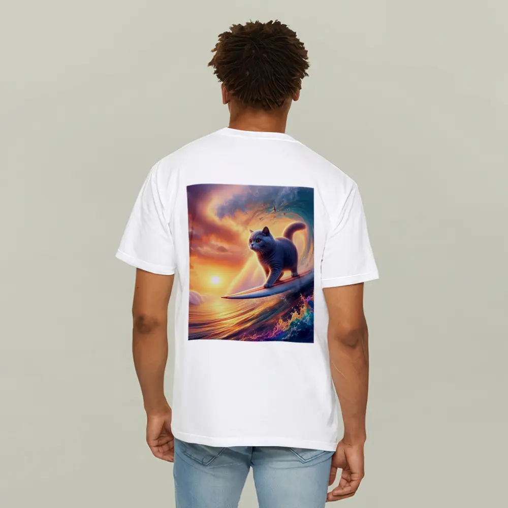 Gray Cat Surfing Ocean Wave Sunset – T-Shirts