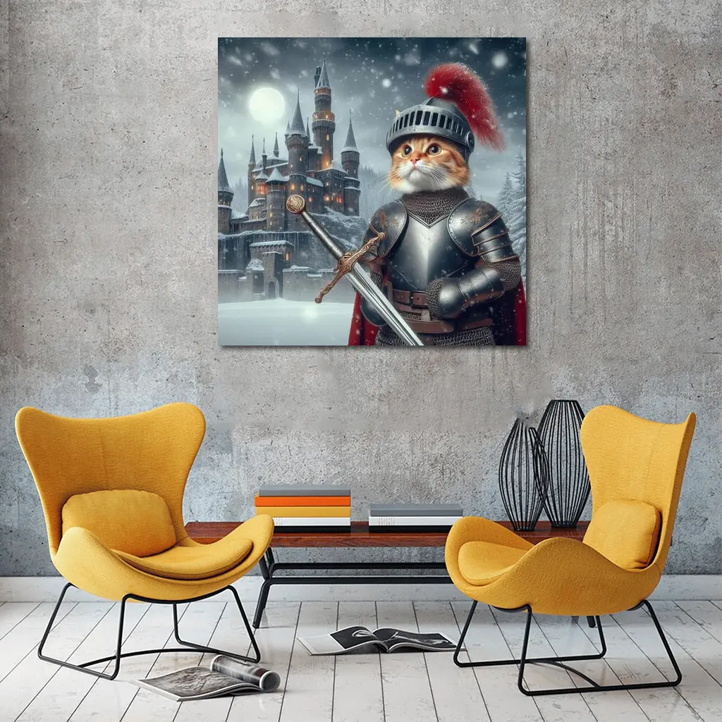 Orange Cat Knight Armor Snowy Castle – Wall Art