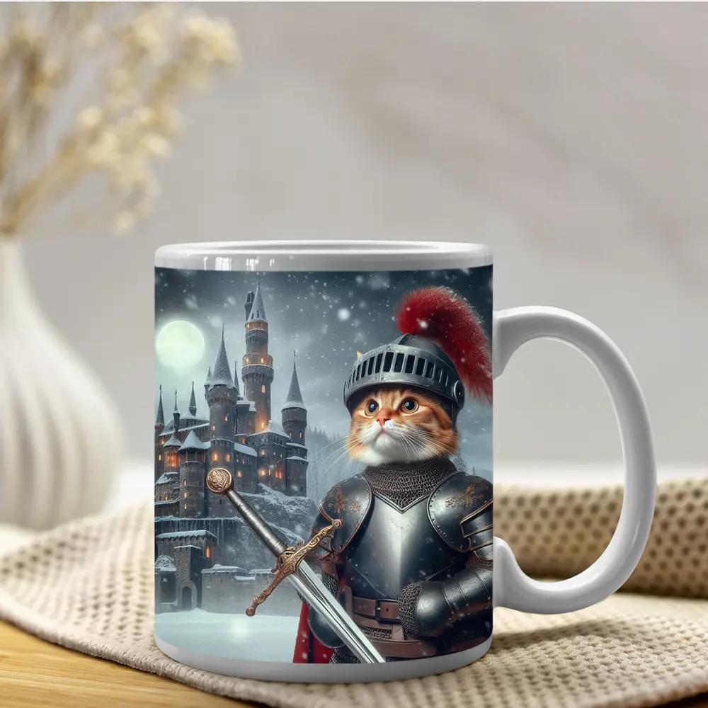Orange Cat Knight Armor Snowy Castle – Mugs
