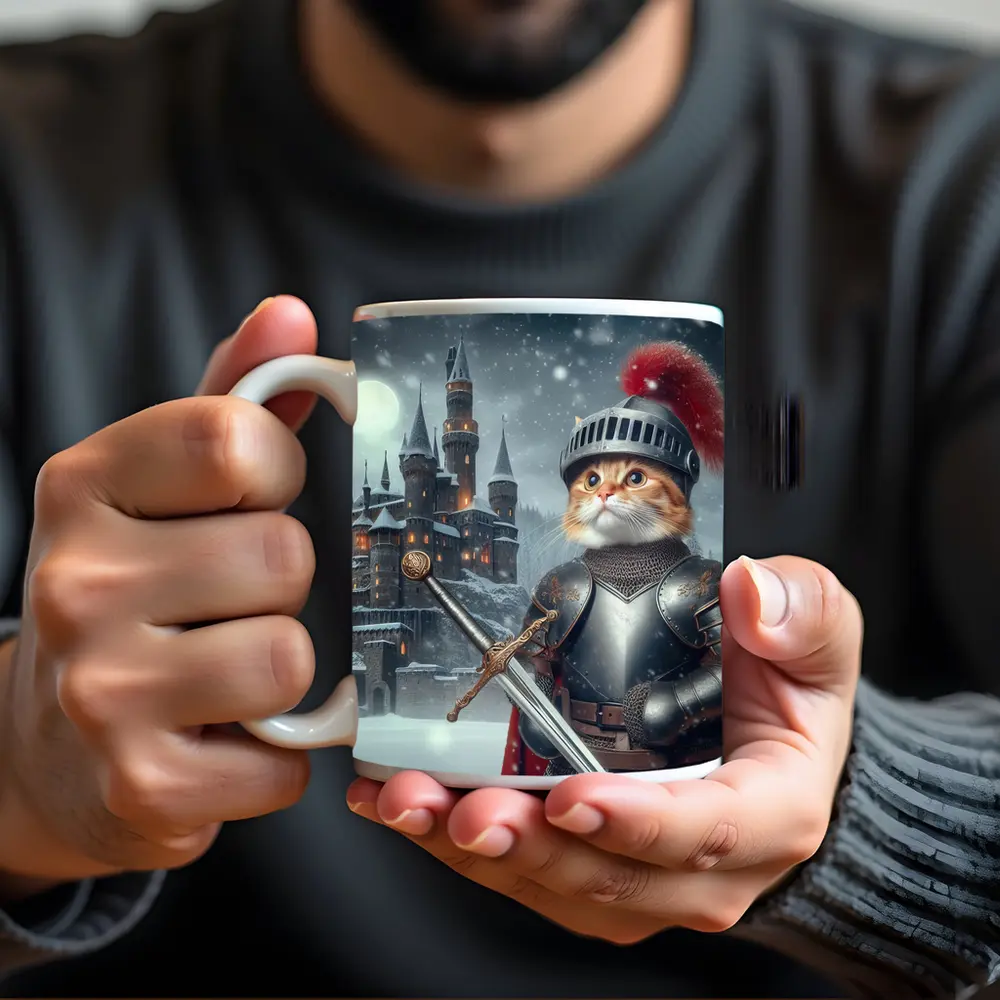 Orange Cat Knight Armor Snowy Castle – Mugs