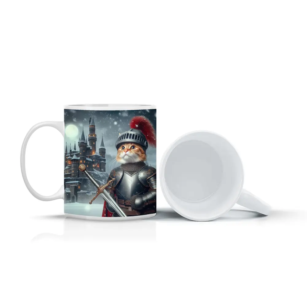 Orange Cat Knight Armor Snowy Castle – Mugs