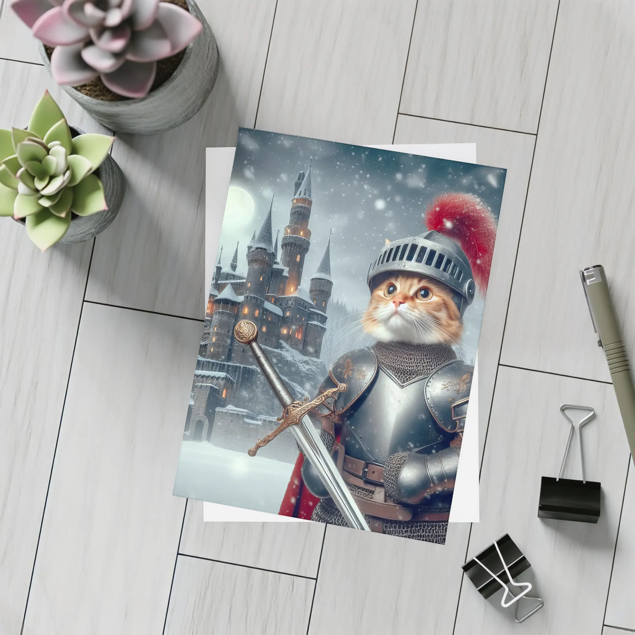 Orange Cat Knight Armor Snowy Castle – Postcards