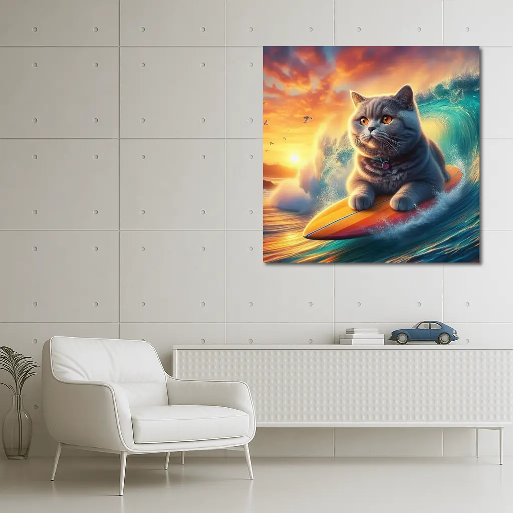 British Shorthair Cat Surfing Ocean Sunset Waves – Wall Art