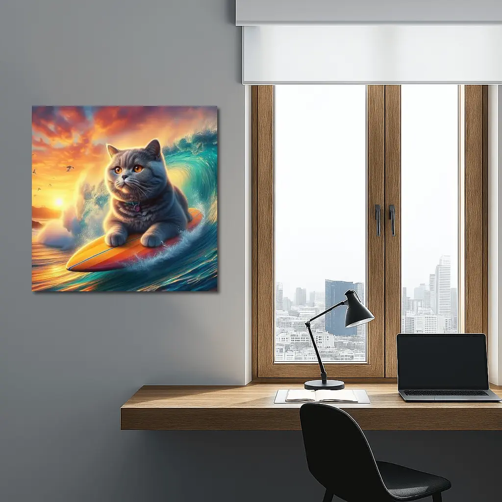 British Shorthair Cat Surfing Ocean Sunset Waves – Wall Art