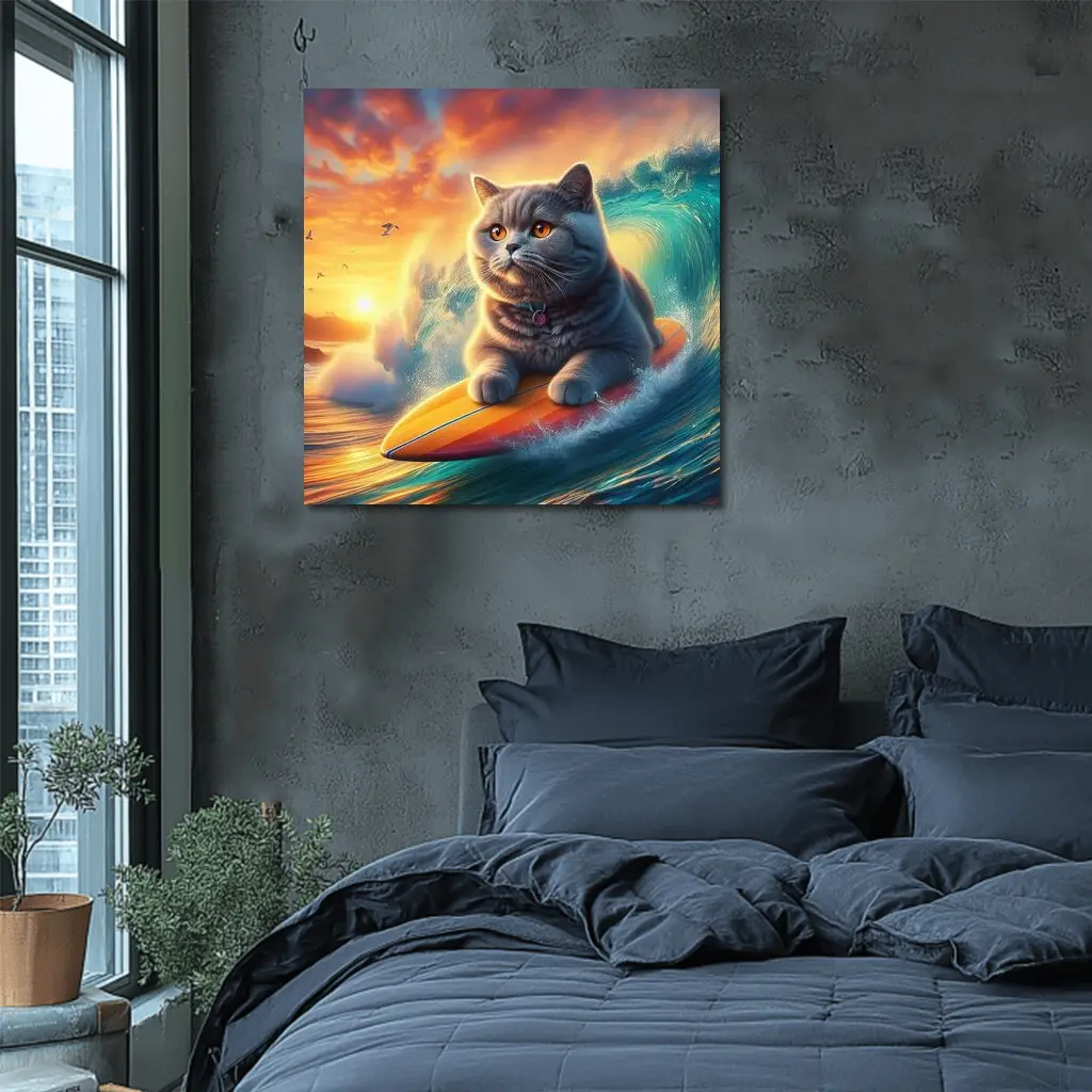 British Shorthair Cat Surfing Ocean Sunset Waves – Wall Art
