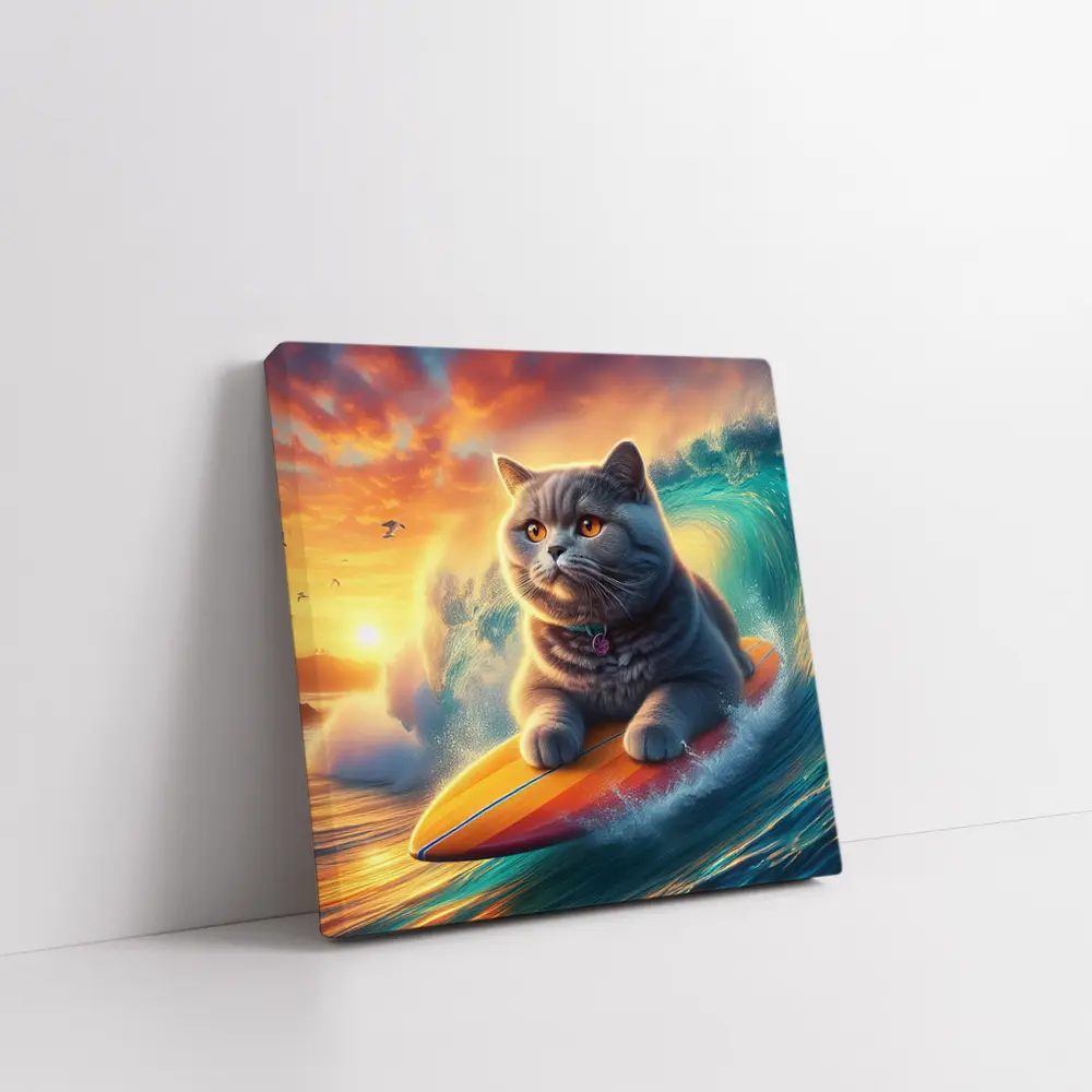 British Shorthair Cat Surfing Ocean Sunset Waves – Wall Art